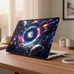 Lifestyle photo of a MacBook Pro on a wooden desk with a premium hard shell case featuring a vibrant purple and blue cosmic galaxy design, planets, and a glowing quantum swirl, with a precision cutout highlighting the white Apple logo.
