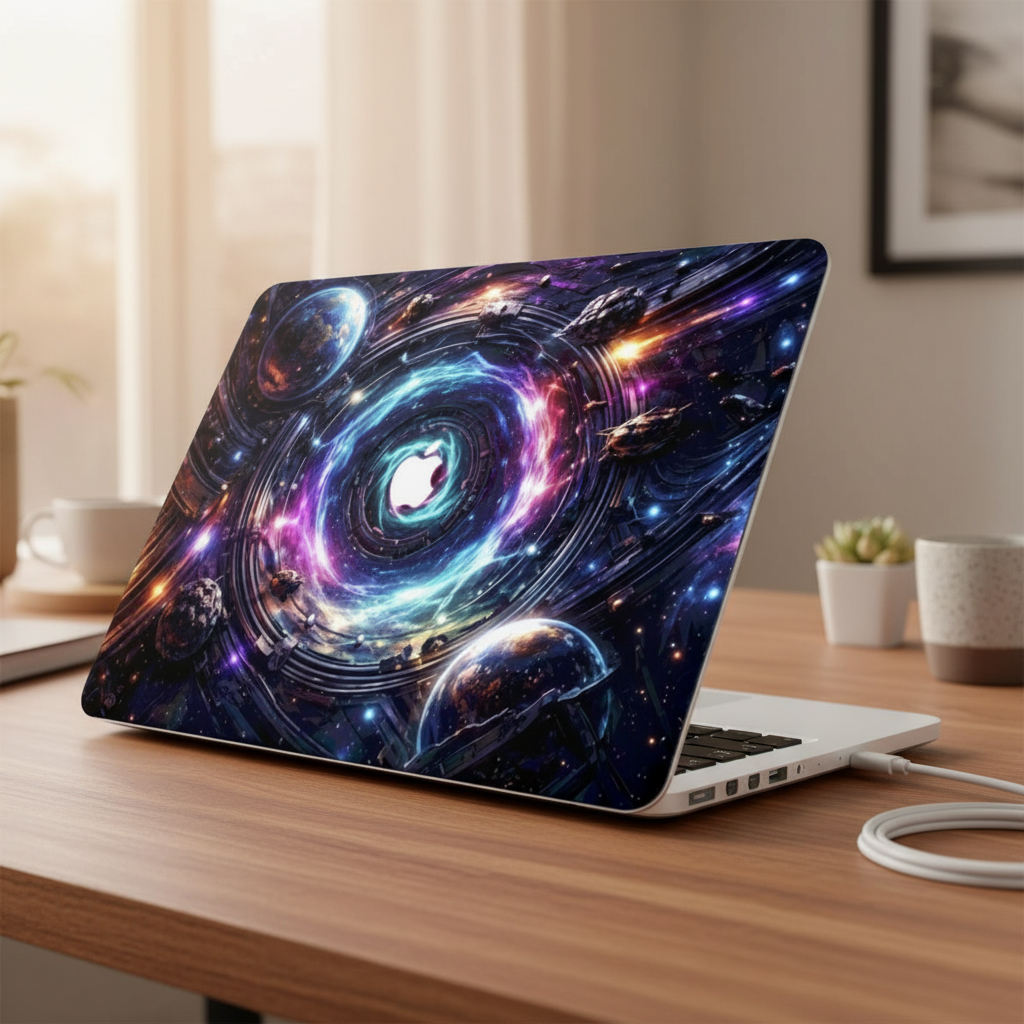 Lifestyle photo of a MacBook Pro on a wooden desk with a premium hard shell case featuring a vibrant purple and blue cosmic galaxy design, planets, and a glowing quantum swirl, with a precision cutout highlighting the white Apple logo.