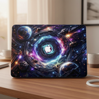 Front-facing view of a MacBook Pro on a wooden desk with a premium hardshell case featuring a high-definition futuristic quantum swirl design. The cosmic artwork includes vibrant purple and blue nebulae, distant planets, and stars, with a precision cutout highlighting the glowing white Apple logo in the center.