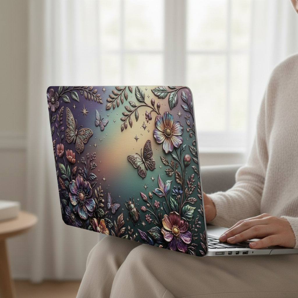Lifestyle photo of a person wearing a beige knitted sweater, sitting down and holding a silver MacBook. The laptop is protected by a premium hard shell case with an intricate, tactile-effect Secret Garden design featuring sculpted metallic purple and pink flowers, golden vines, and multiple iridescent butterflies with a central Apple logo cutout.