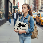 A young woman in a denim jacket stands on a bustling city street, holding a MacBook. The laptop is protected by a sleek hardshell case featuring a charming minimalist black cat and open book ink sketch design, perfect for students and urban creatives. She wears a beige backpack, with traffic and pedestrians blurred in the background.