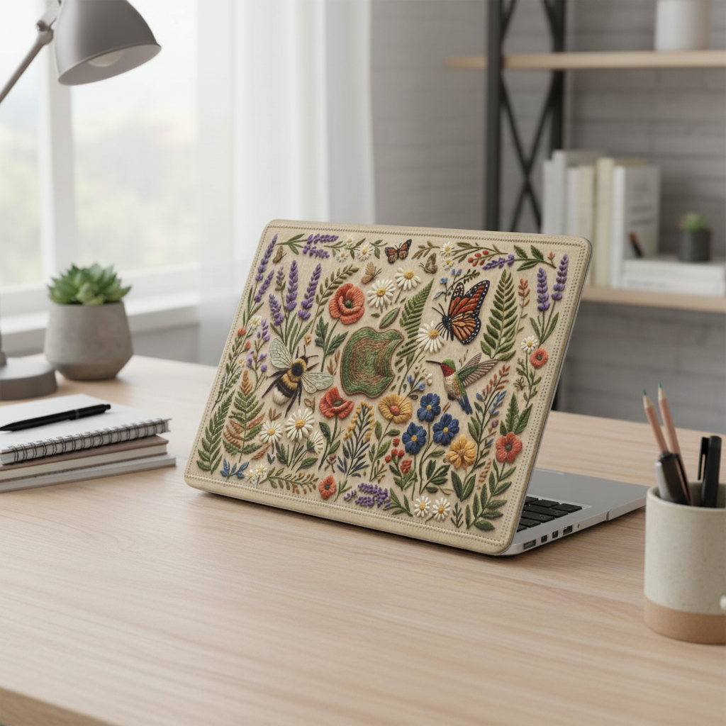 Silver MacBook with an intricate textured embroidery-style hard case on a wooden desk. The custom design features a vibrant Secret Garden theme with wildflowers, butterflies, bees, and hummingbirds on light beige textured background.