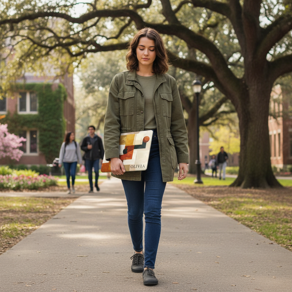 A young woman walks across a university campus holding a personalized MacBook case with the name Olivia, which features an abstract terracotta and ochre geometric design.
