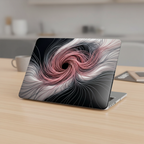Close-up of a silver laptop on a wooden table featuring a premium hardshell case with a 3D fluid art 'Quantum Echo' design in pink and charcoal.