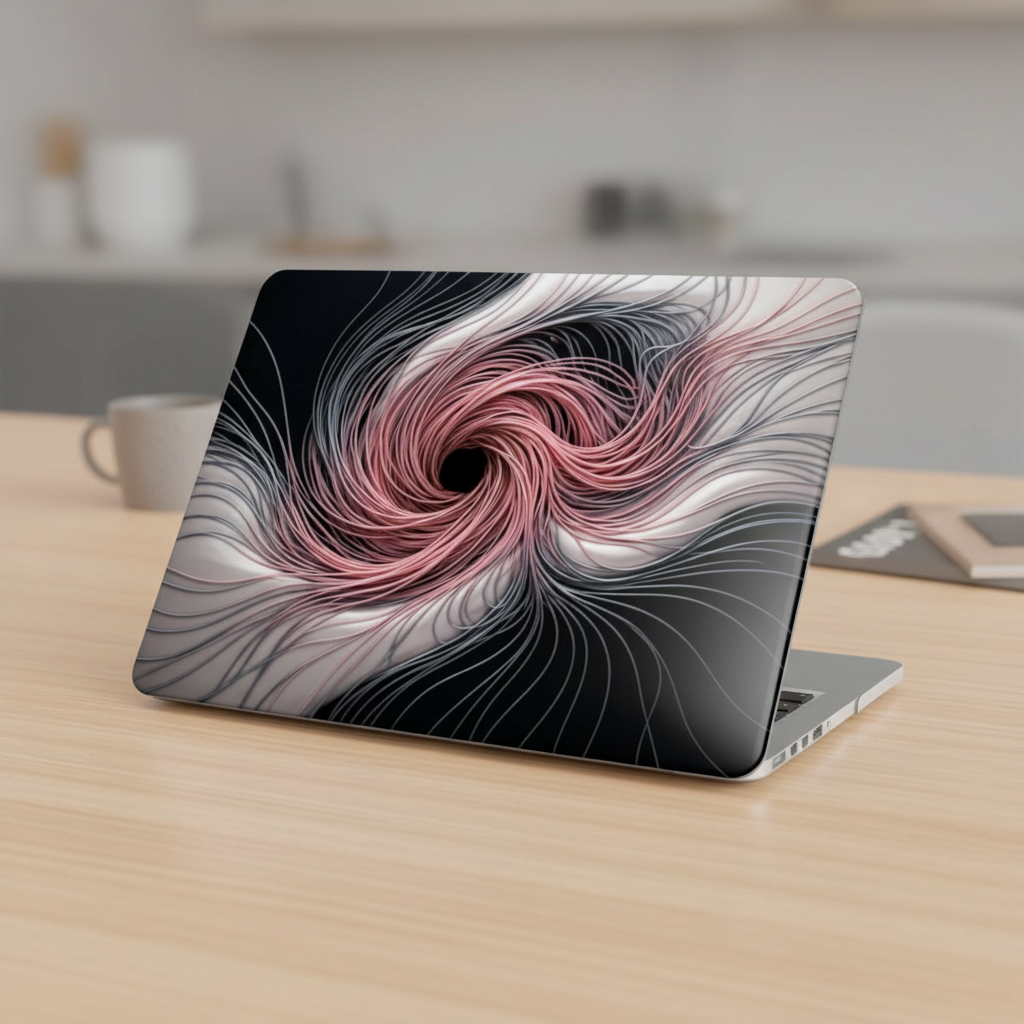 Close-up of a silver laptop on a wooden table featuring a premium hardshell case with a 3D fluid art 'Quantum Echo' design in pink and charcoal.