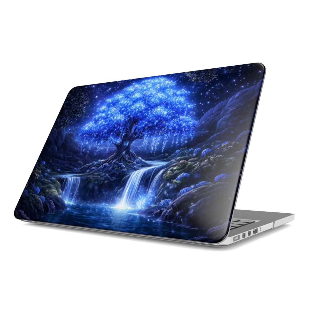 Angle view of a MacBook with a 3D-effect hardshell case featuring a magical glowing blue willow tree and ethereal waterfalls under a starry sky.