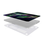 Exploded view showing the protective components of a MacBook case: the top cover featuring a Northern Lights Aurora Borealis design, the silver laptop, and the clear vented bottom shell designed for optimal heat dissipation, against a white background.