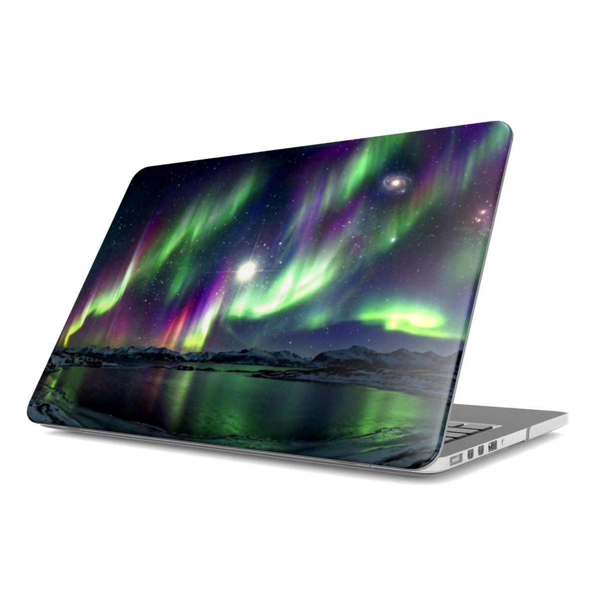 Angled view of a MacBook featuring a premium hard shell case with a vibrant Northern Lights design. The celestial artwork displays emerald green and deep purple Aurora Borealis dancing across a starry night sky over a reflective arctic lake and snow-capped mountains.
