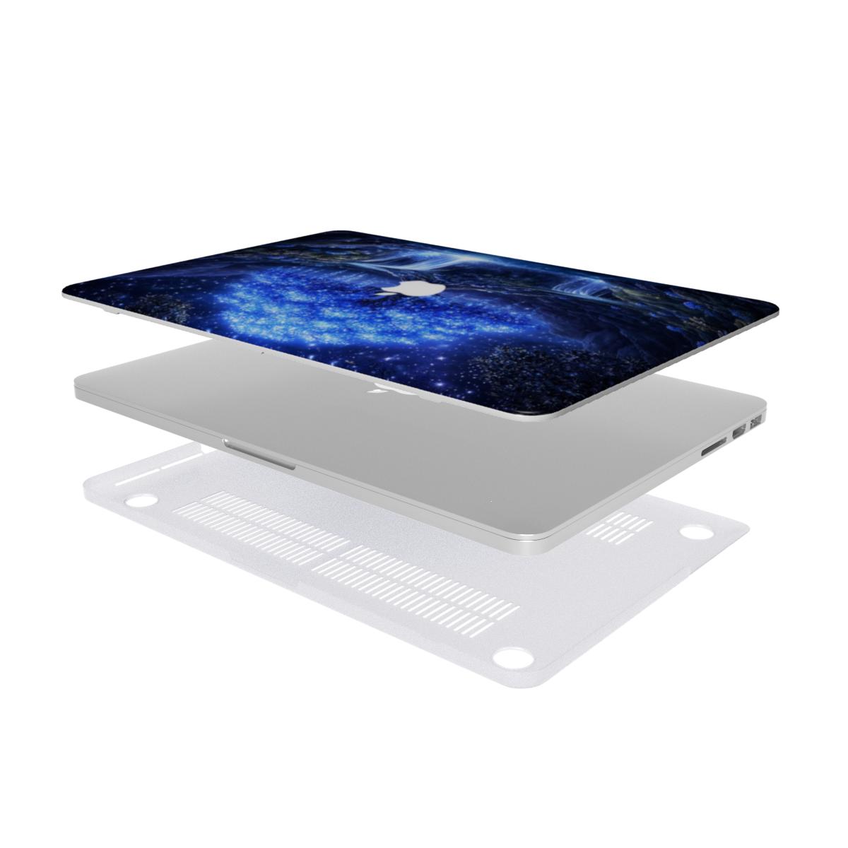 Exploded view of a MacBook hardshell case showing the top cover with a 3D-effect glowing blue tree design, the laptop body, and the vented bottom protective shell.