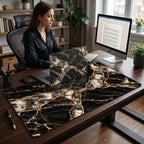 Woman at a home office desk with a MacBook in the matching black marble case placed on the black marble and gold desk mat, an iMac in the background.