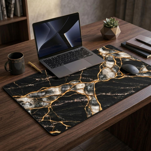 Large black marble desk mat in the Black Pearl style on a wooden desk with a laptop, black mouse and coffee mug. Black stone with glowing gold kintsugi-style veins and pearl-white marble pieces, printed edge to edge on a soft, smooth fabric surface.