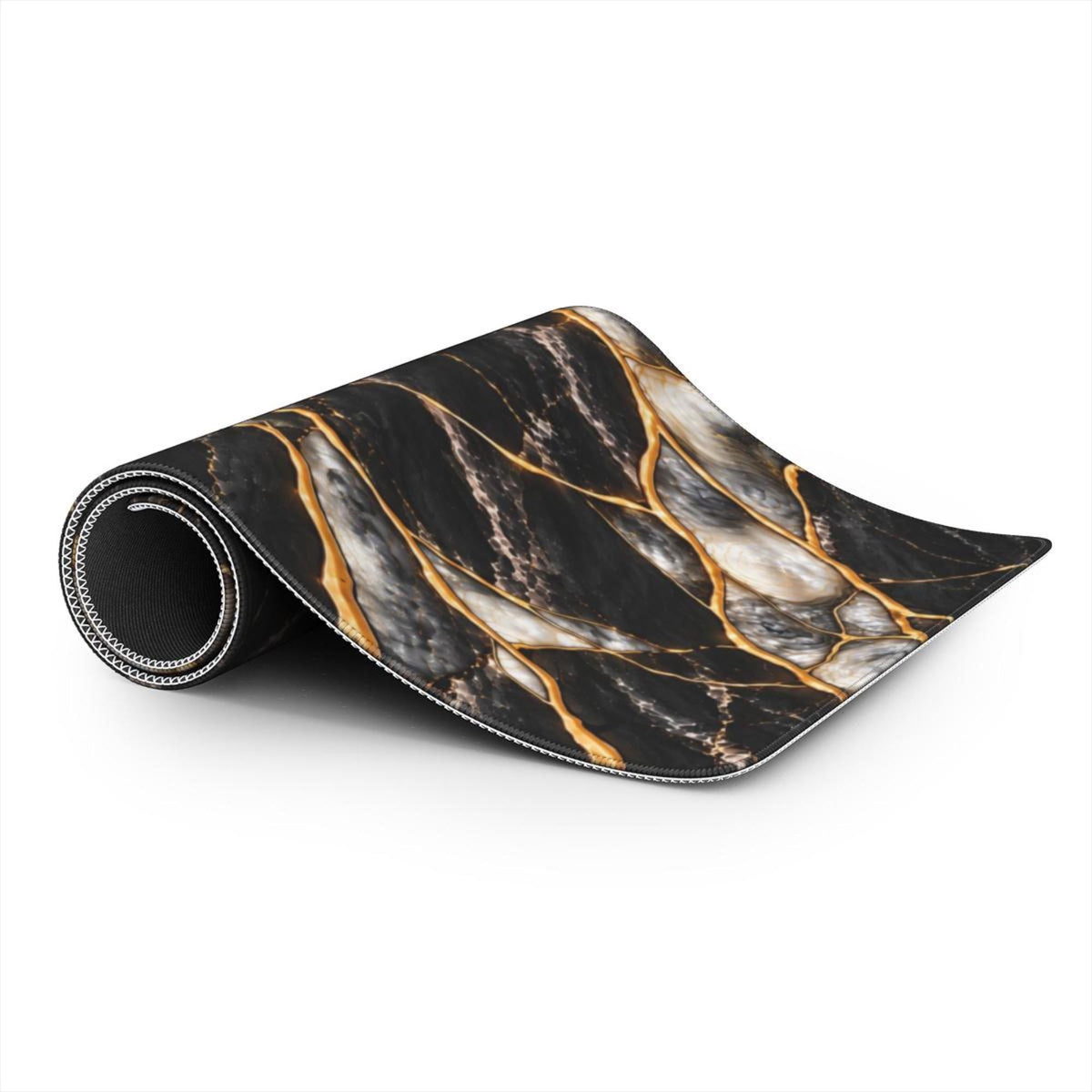 Rolled black marble desk mat in the Black Pearl style, showing the stitched edge, the black rubberized non-slip base and the soft printed top with gold vein and pearl-white marble details.