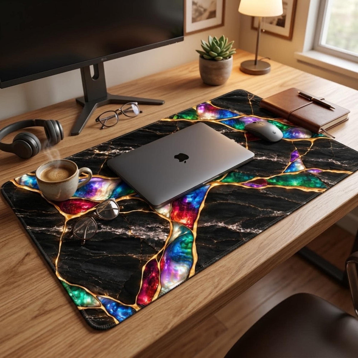 Jewel Tone style black marble desk mat on a wooden desk with a closed MacBook, coffee cup, headphones and notebook. Black stone with gold kintsugi effect veins and glowing emerald, sapphire, ruby and violet opal-like stones, printed on a soft fabric surface.