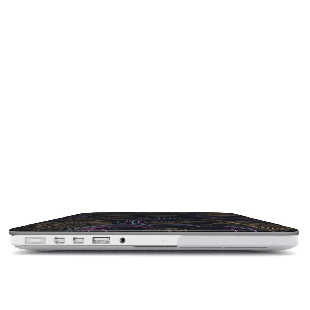 Close-up profile view of the left side of a MacBook, focusing on the ports and the slim fit of the protective hardshell case. The very bottom of the lid cover shows the edge of the paleo-futuristic design with a glowing neon cyan and purple line.