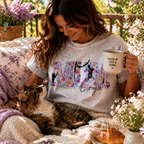 Lifestyle photo of a smiling woman cuddling her tabby cat, wearing a personalized grey 'Cat Mum' T-shirt with purple floral lettering and the name 'Georgia', in a cozy sunlit garden setting with lavender.