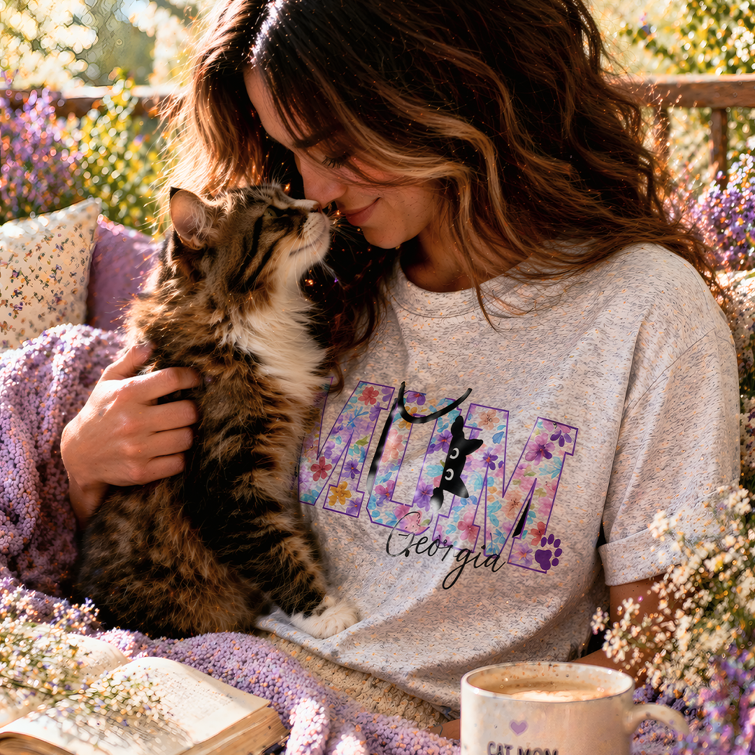 Lifestyle photo of a smiling woman cuddling her tabby cat, wearing a personalized grey 'Cat Mum' T-shirt with purple floral lettering and the name 'Georgia' in a sunlit garden setting.