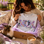Lifestyle photo of a woman unboxing a personalized grey 'Cat Mum' T-shirt with purple floral lettering from a 'You Deserve This' gift box, with a cat and a coffee mug nearby.