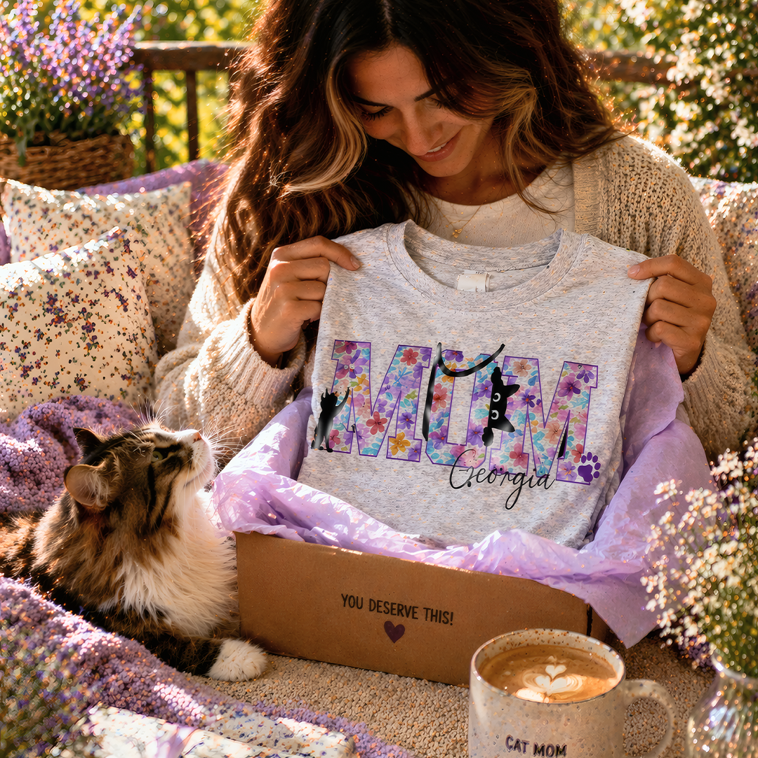 Lifestyle photo of a woman unboxing a personalized grey 'Cat Mum' T-shirt with purple floral lettering from a 'You Deserve This' gift box, with a cat and a coffee mug nearby.