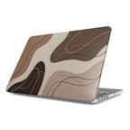 A side perspective view of a silver MacBook featuring a minimalist hard shell case with a brown and beige abstract wave design. The organic flow patterns and earth tones create a modern aesthetic.