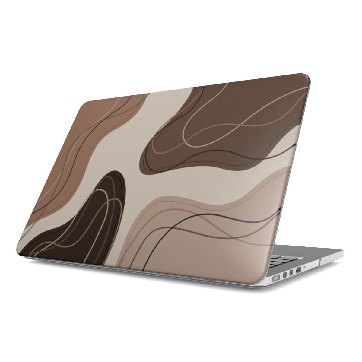 A side perspective view of a silver MacBook featuring a minimalist hard shell case with a brown and beige abstract wave design. The organic flow patterns and earth tones create a modern aesthetic.