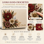 Personalized crochet floral MacBook case infographic from TrioAuraDesign, showing a beige hard shell with burgundy, ivory and dusty rose hand-crocheted-look flowers, custom name “Charlotte,” four background options—Ivory, Sage, Deep Wine and Charcoal—and product features including smooth printed finish, snap-on design, vented bottom, anti-slip feet and lightweight protection.