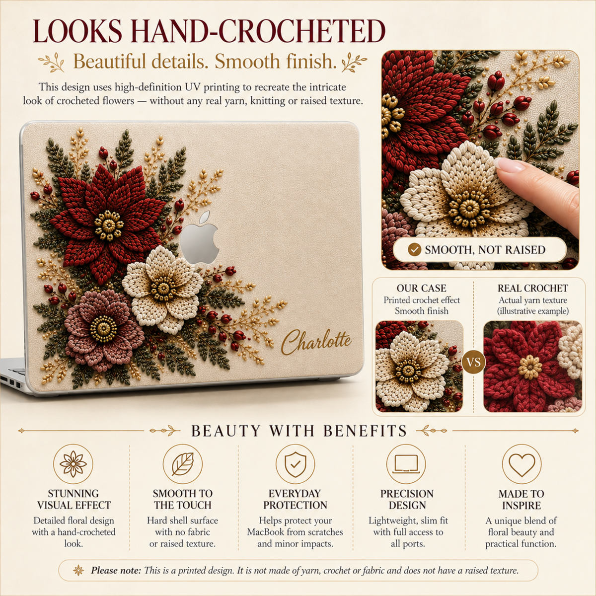 Personalized crochet floral MacBook case infographic from TrioAuraDesign, showing a beige hard shell with burgundy, ivory and dusty rose hand-crocheted-look flowers, custom name “Charlotte,” four background options—Ivory, Sage, Deep Wine and Charcoal—and product features including smooth printed finish, snap-on design, vented bottom, anti-slip feet and lightweight protection.