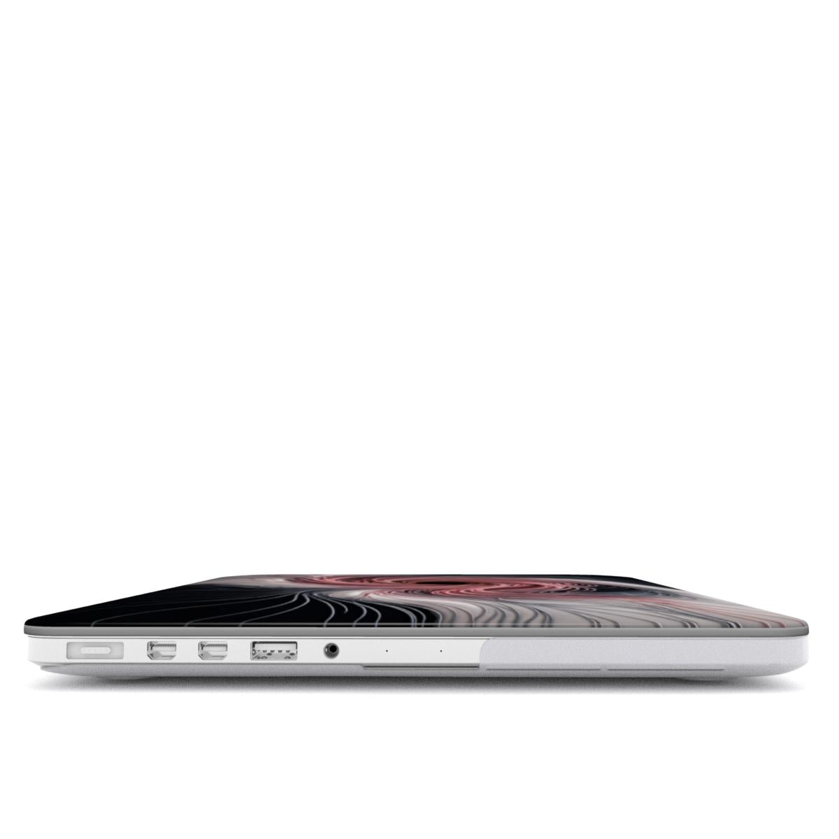 Side profile of a laptop showcasing a sleek protective case with abstract swirling marble pattern in deep rose and charcoal tones.