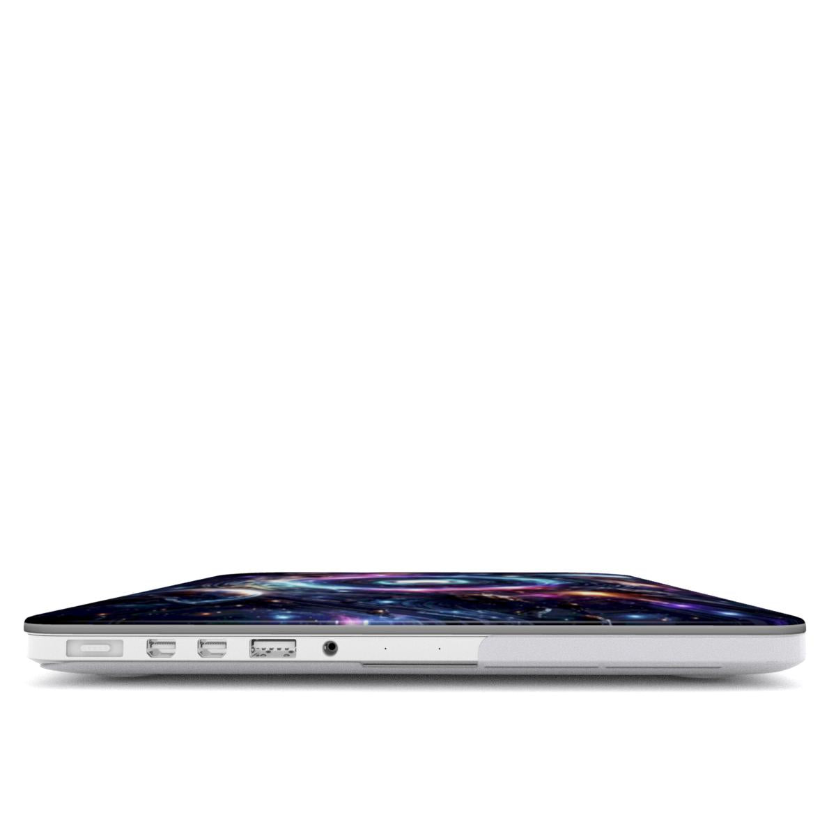 Side view profile of a MacBook Pro featuring a slim, protective hard shell case with a high-definition cosmic quantum swirl design. The image highlights the precise fit of the case, showing full access to side ports and the thin, lightweight aesthetic of the protective cover.