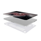 Exploded view of a silver MacBook with an abstract 'Fluid Swirl' design skin (pink and black) on top and a transparent hardshell case on bottom.