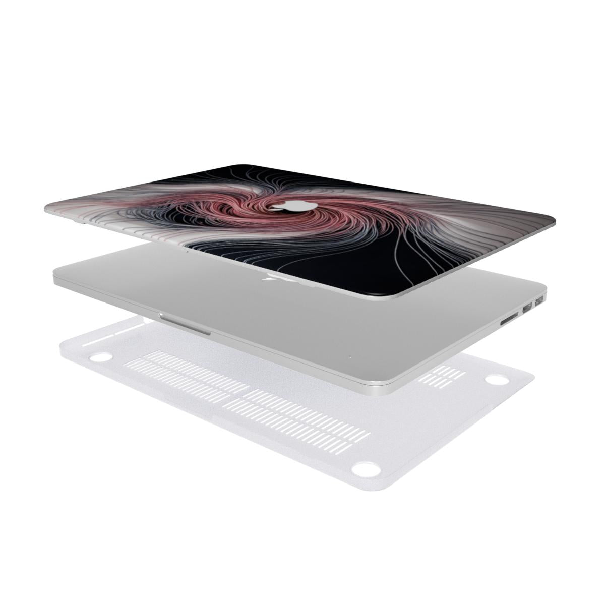 Exploded view of a silver MacBook with an abstract 'Fluid Swirl' design skin (pink and black) on top and a transparent hardshell case on bottom.