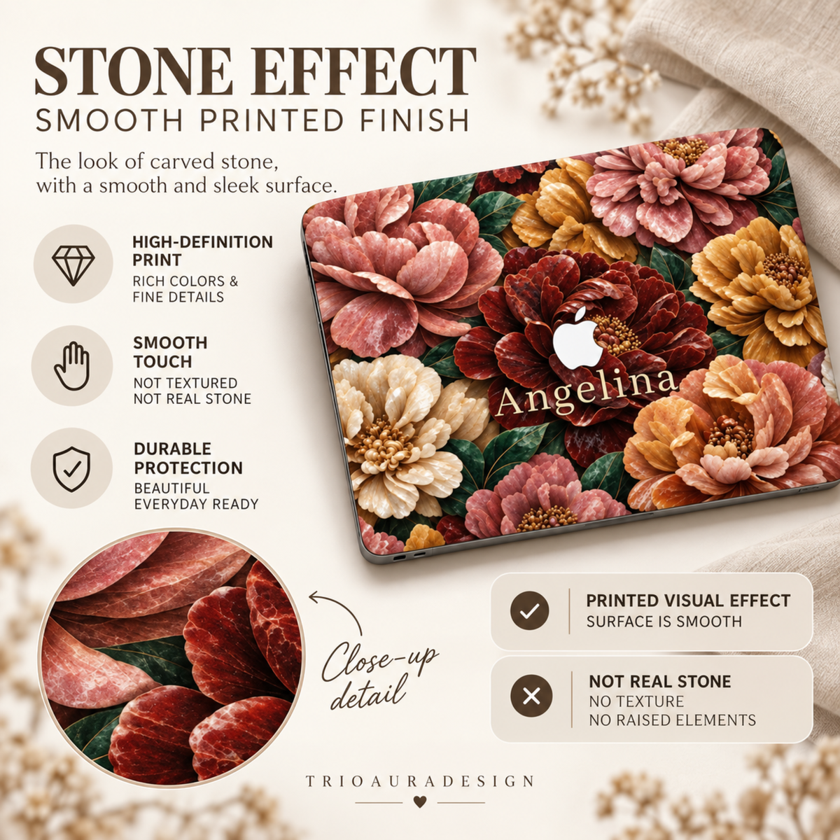 Stone Bouquet MacBook case infographic showing blush pink, burgundy, ivory and golden stone-effect flowers in close-up. Explains that the dimensional carved-stone appearance is created with high-definition printing and the actual case surface is smooth, with no real stone, raised texture or sculpted elements.