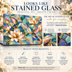 Infographic for the TrioAuraDesign stained glass effect hummingbird MacBook case, titled Looks Like Stained Glass. A side-by-side comparison shows the smooth printed case next to real textured stained glass, explaining the design is a high-resolution print with no raised texture. Icons highlight the vivid visual effect, smooth matte finish, everyday scratch protection, slim precise fit with full port access, and a note that it is not made of real glass.