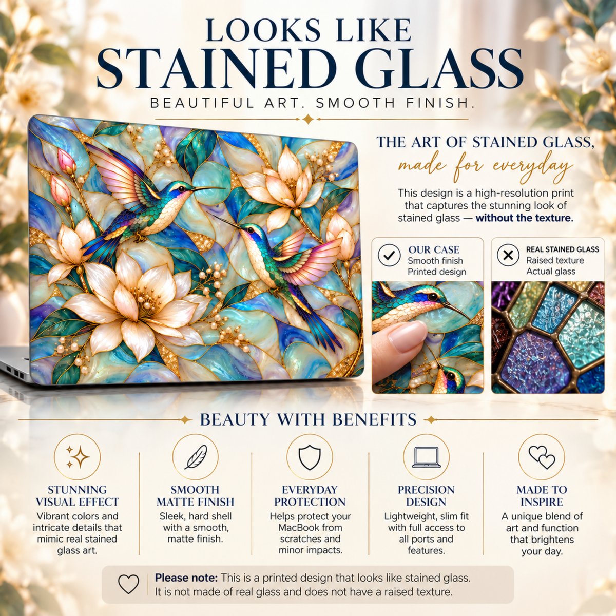 Infographic for the TrioAuraDesign stained glass effect hummingbird MacBook case, titled Looks Like Stained Glass. A side-by-side comparison shows the smooth printed case next to real textured stained glass, explaining the design is a high-resolution print with no raised texture. Icons highlight the vivid visual effect, smooth matte finish, everyday scratch protection, slim precise fit with full port access, and a note that it is not made of real glass.