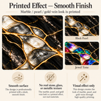 Infographic: Black Pearl and Jewel Tone marble designs are a printed effect with a smooth finish. No real stone or gold.