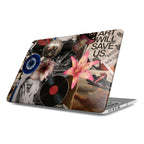 Art Will Save Us MacBook Case, Aesthetic Collage Hard Shell with Pink Lily, Vinyl Record, Blue Evil Eye, and Disco Ball Isolated on White.