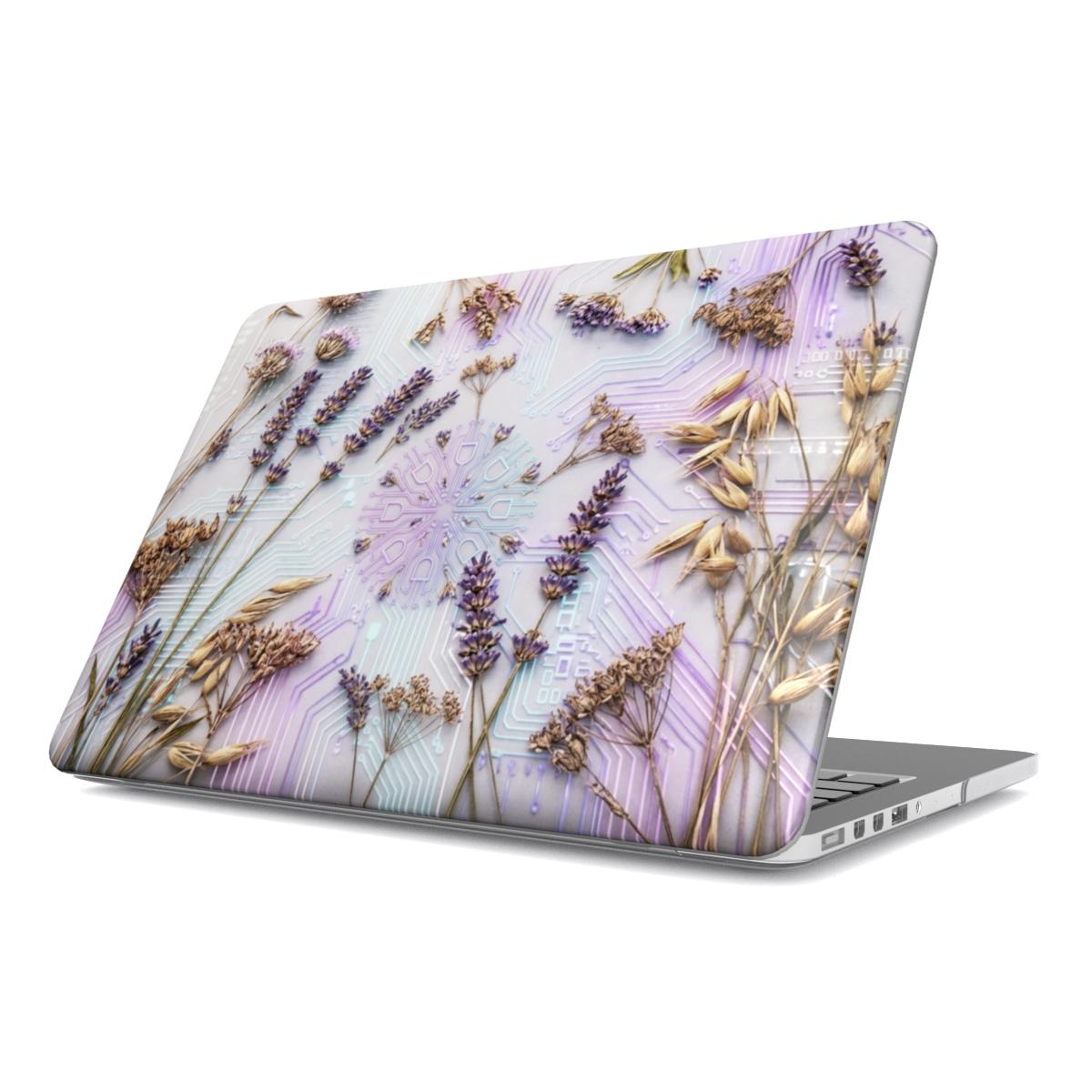 Silver MacBook featuring a high-definition custom case with dried lavender flowers and wildflowers integrated into a glowing purple and white digital circuit board design.board pattern.