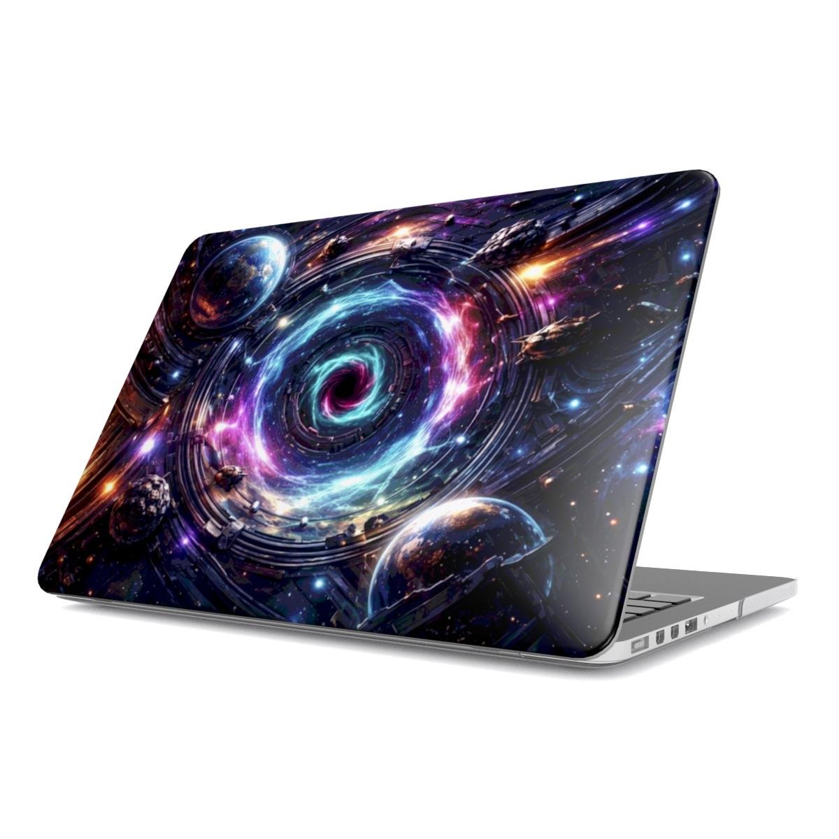 Angled view of an open MacBook Pro displaying a premium, protective hard shell case with a high-definition futuristic quantum swirl design. The case features intricate details of deep-space cosmic phenomena, vibrant purple and blue nebulae, and planets, completely covering the laptop lid with no Apple logo visible.