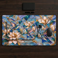 Large hummingbird desk mat on a dark wooden desk with a matching hummingbird phone case and a black mouse. Stained glass effect design with two hummingbirds among cream magnolias on aqua, periwinkle and opal glass with gold-look outlines, printed on a soft, smooth fabric surface.