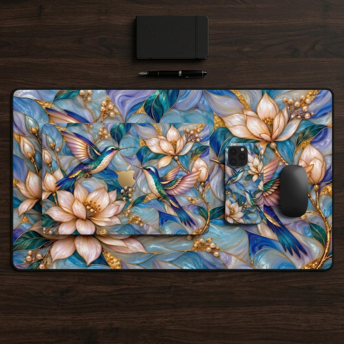 Large hummingbird desk mat on a dark wooden desk with a matching hummingbird phone case and a black mouse. Stained glass effect design with two hummingbirds among cream magnolias on aqua, periwinkle and opal glass with gold-look outlines, printed on a soft, smooth fabric surface.