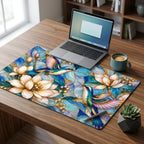 Hummingbird desk mat under an open MacBook and a coffee mug on a wooden desk; both birds stay visible on either side of the laptop.
