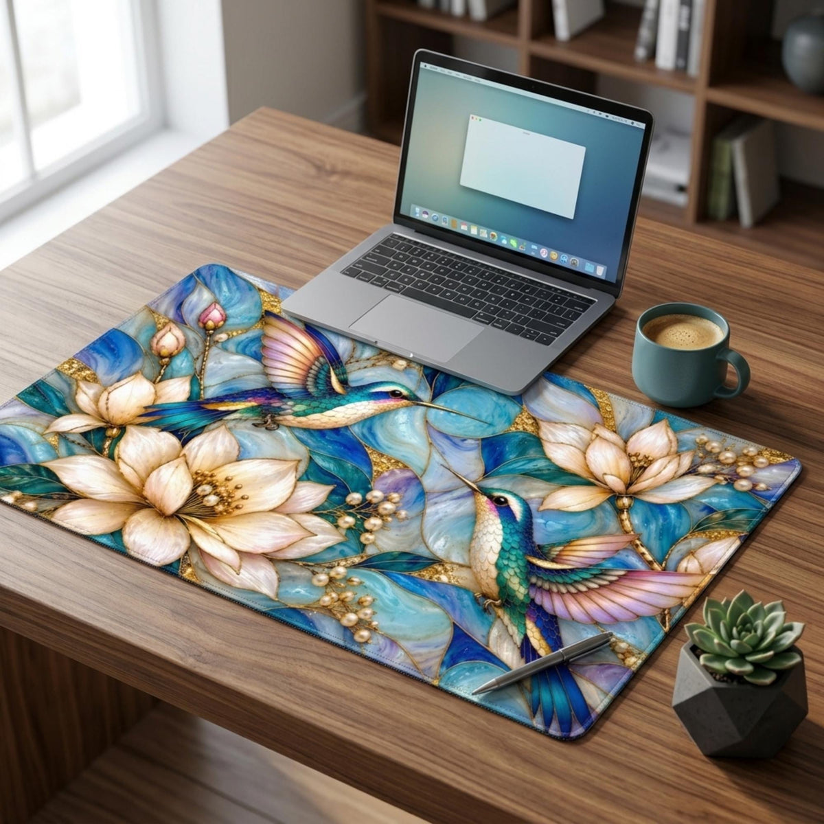 Hummingbird desk mat under an open MacBook and a coffee mug on a wooden desk; both birds stay visible on either side of the laptop.