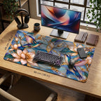 Size guide: Large desk mat 90 x 45 cm (36 x 18 in) under a keyboard, mouse and monitor, showing how much space the hummingbird design covers.
