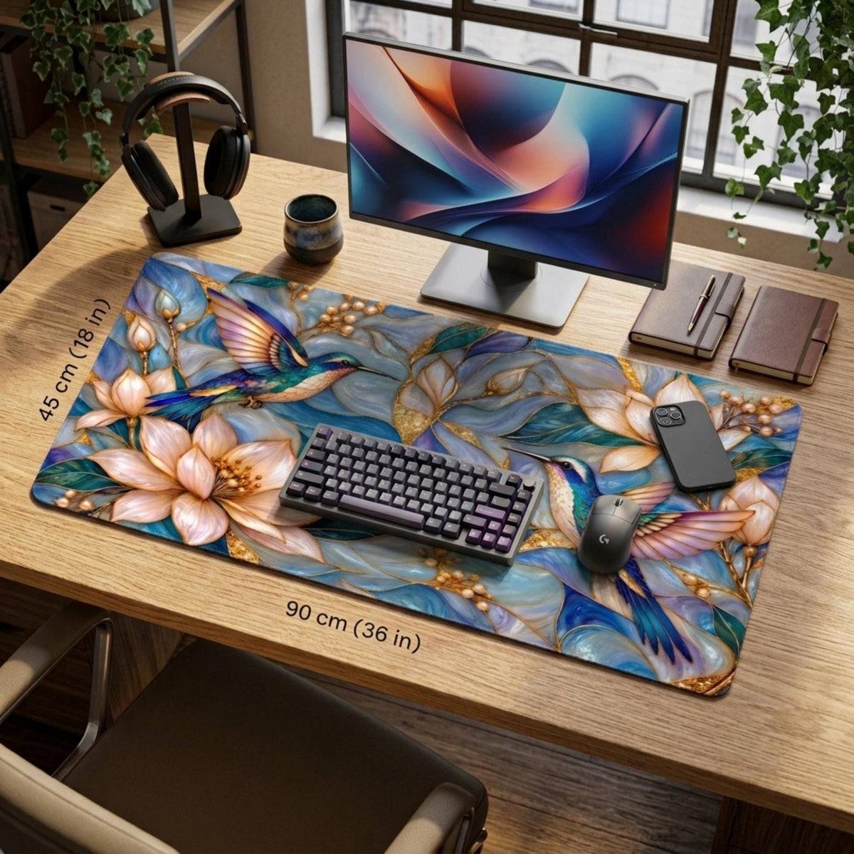 Size guide: Large desk mat 90 x 45 cm (36 x 18 in) under a keyboard, mouse and monitor, showing how much space the hummingbird design covers.