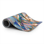 Rolled hummingbird desk mat showing the black rubberized non-slip base and the soft printed top.