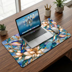 Top view of an open MacBook on the stained glass effect hummingbird desk mat with a plant and coffee mug.