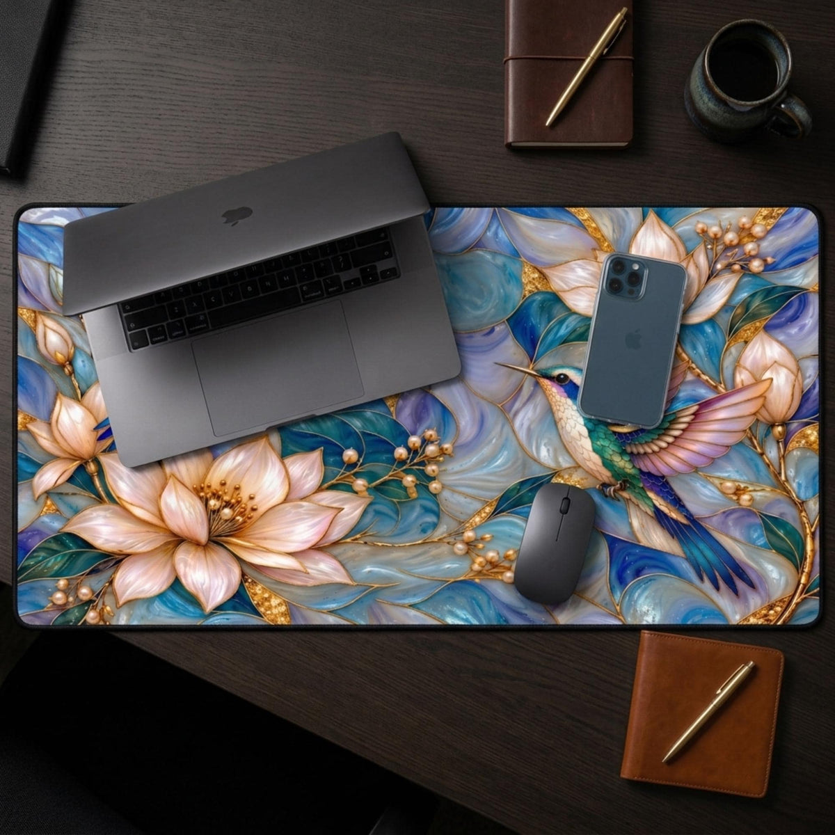 Closed laptop, phone and mouse on the hummingbird desk mat, top view showing the full stained glass effect design.