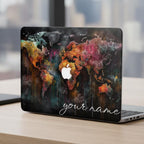 Custom name graffiti world map MacBook case on desk with city view, personalized street art laptop cover