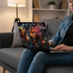 Woman using MacBook with graffiti world map case at home on couch, colorful street art laptop cover