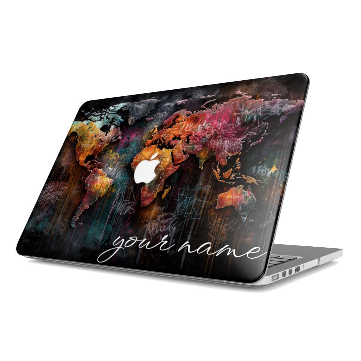 Personalized graffiti world map MacBook hard shell case with custom name and Apple logo on white background