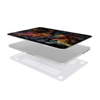 Two-piece MacBook hard shell case exploded view showing printed top cover, laptop, and clear vented bottom shell